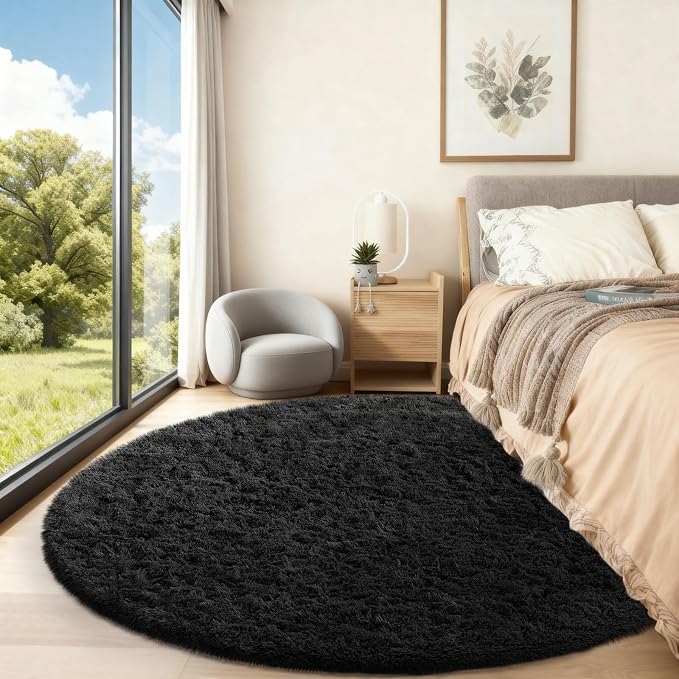 Ophanie Round Rug 6Ft Black Circle Area Rug, Room Decor for Men, Fluffy Fuzzy Bedroom Carpet, Plush Soft Shaggy Living Room Rugs for Kids Home Aesthetic, Nursery