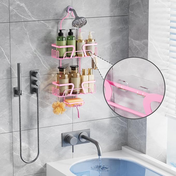 DAOYA Shower Caddy Hanging, Pink Over the Shower Head Caddy with Soap Holder, Bathroom Organizer with Hooks for Razors and Bath Sponges