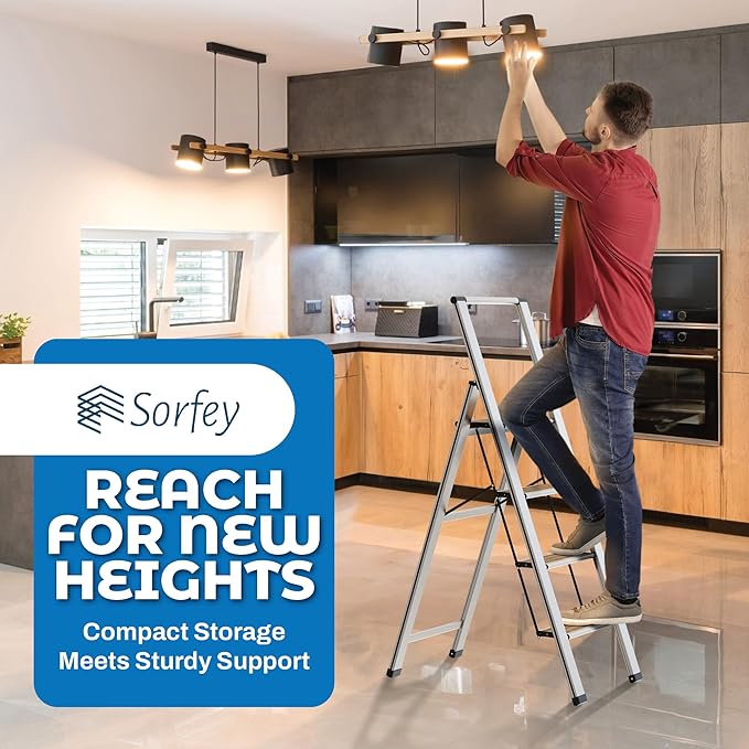 Step Ladder 4 Step Folding, Decorative - Beautiful Bamboo & Silver Aluminum, Ultra Slim Profile, Anti Slip Steps, Sturdy-Portable for Home, Office, Kitchen, Photography Use,by SORFEY