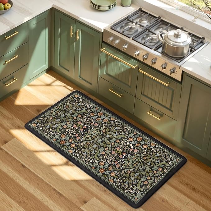 Collive Anti Fatigue Kitchen Mats, Cushioned Floral Kitchen Rugs Non Slip Waterproof Standing Mat, Black Vintage Comfort Desk Rug for Office, Sink, Laundry, 20"x39"