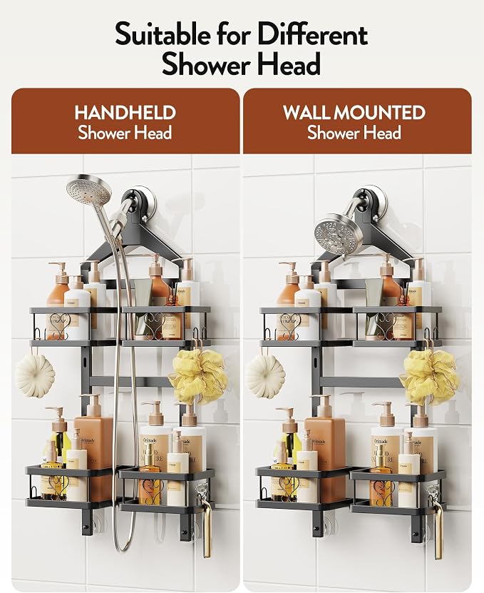 Orimade Adjustable Hanging Shower Caddy for Handheld Shower Heads, Rustproof Bathroom Shelf Organizer Over Showerhead Storage Rack with 8 Hooks, Easy-Clean Removable Baskets & Triple Anti-Slip Fixing