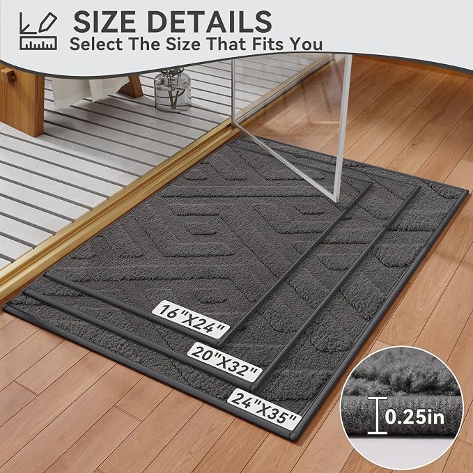 Non-Slip Bath Mat with Rubber Backing, Washable Thin Bath Mats for Bathroom Floor, Absorbent Bathroom Rugs, Quick Dry, Fits Under Door Grey 20x32