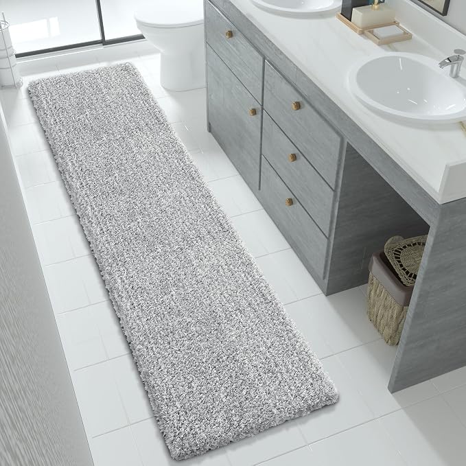 Yimobra Bathroom Runner Rug Non Slip 70" X 24", Super Absorbent Bath Rugs, Quick Dry, Luxury Extra Long Shaggy Fluffy Bath Mat for Double Vanity & Tub Side, Machine Washable, Light Gray and White