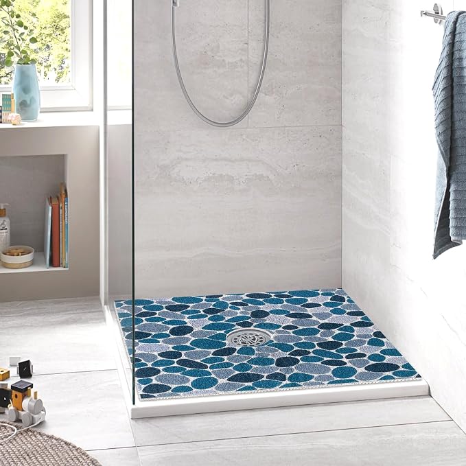 Square Shower Mat Non Slip: 27 x 27 Inch Large Shower Mats with Drain Hole in Middle - PVC Loofah Anti Slip Shower Floor Matt for Inside Shower