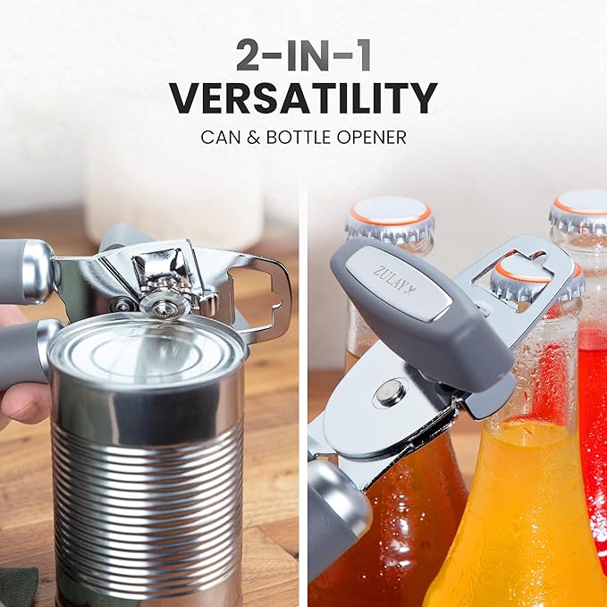 Zulay Kitchen Heavy Duty Stainless Steel Can Opener Manual with Bottle Opener - Rust Proof Manual Can Opener With Turn Knob & Comfy Soft Grip Handles - Gray