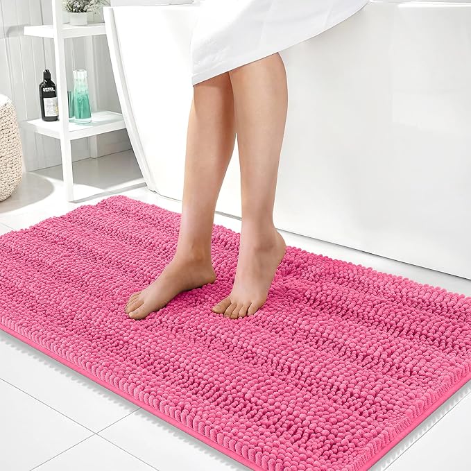 OLANLY Thick Bathroom Runner Rugs 44x24, Extra Absorbent Chenille Striped Bath Rugs, Rubber Backing, Machine Wash Dry, Long Bath Mats for Bathroom, Tub and Shower, Home Decor Accessories, Hot Pink