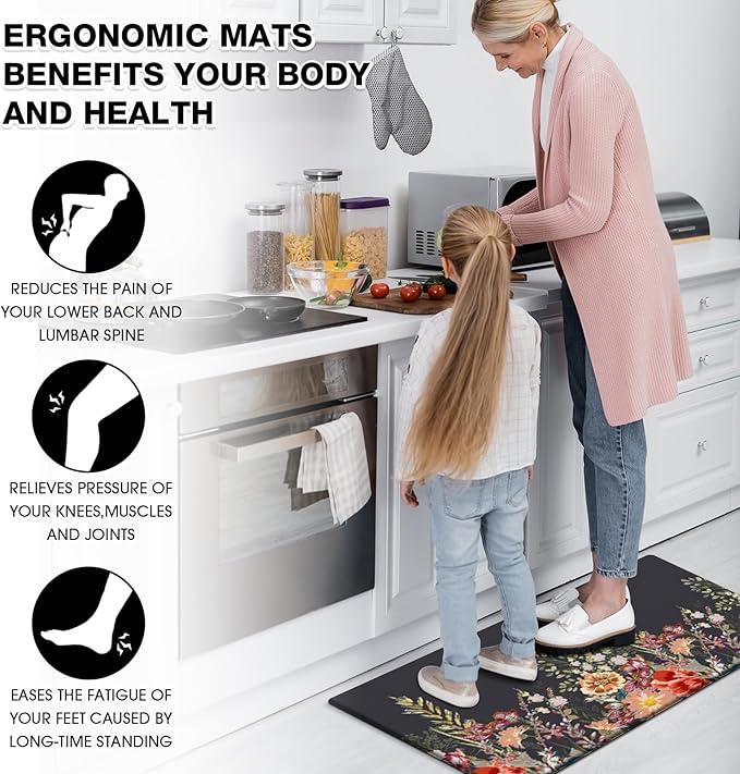 MAYHMYO Kitchen Rug Anti Fatigue Kitchen Mat Cushioned Black Floral Plants Cute Vintage Kitchen Rugs Non Skid Waterproof Kitchen Rugs and Mats for Floor Laundry Standing Desk Sink