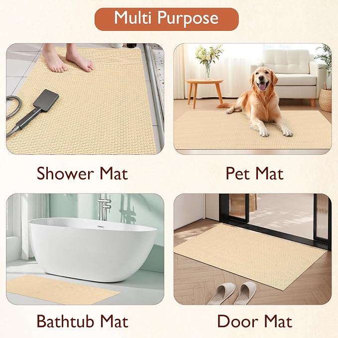 Extra Large Non-Slip Shower Mat, Fast-Dry PVC Bath Stall & Tub Mat, Drain-Hole Design,for Shower Stall Tub for Elderly/Kids，Non Slip Bathroom Safety Accessory，Beige 16"x24"