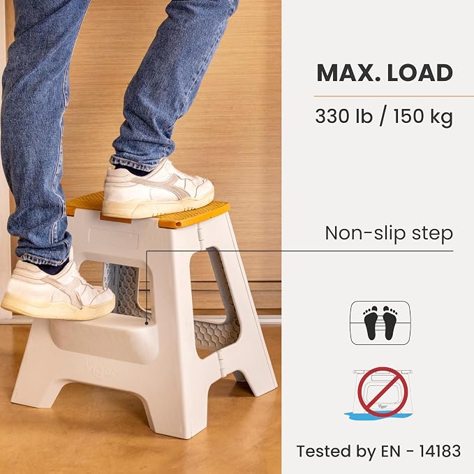 Vigar Compact Folding Step Stool - 16 Inch 2 Step Foldable Step Stool for Adults, Lightweight Portable Stool with Handle, Non Slip Step Stool, Space-Saving Stool up to 330 lb - Grey, Bamboo Print Top