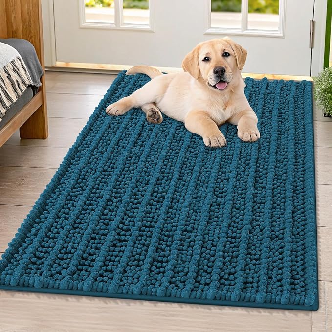 Smiry Dog Door Mat for Muddy Paws 40x32, Absorbent Dirt Trapper, Non-Slip Washable Chenille Entryway Rug for Inside Floor, Atlantic Blue, Layered Pattern