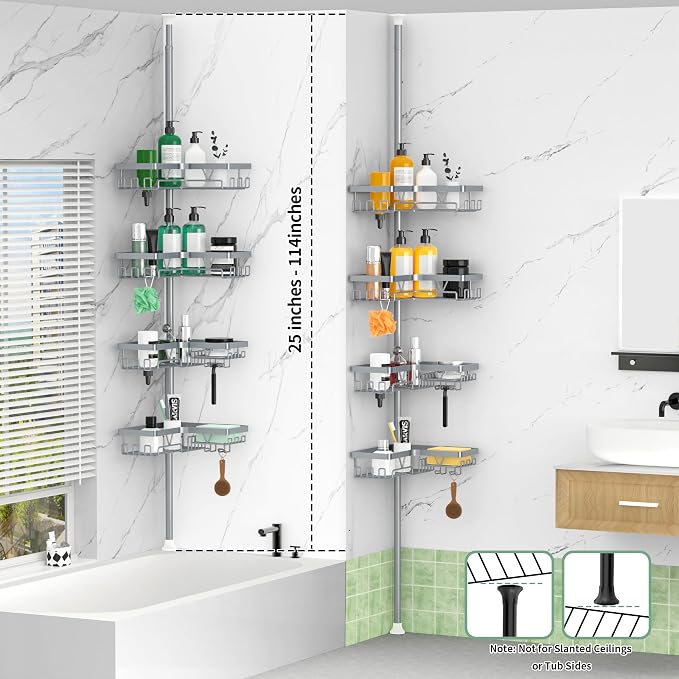 DAOYA Corner Shower Caddy Tension Pole, 4-Tier Rustproof Adjustable Bathroom Organizer for Renters, 25–114.2 Inch for Bathtub Shampoo Storage, Light Gray