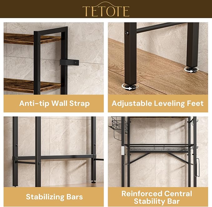 TETOTE Over-The-Toilet Storage Rack, 4-Tier Bathroom Organizer Shelf Over Toilet with Adjustable Shelf and Basket, Freestanding Space Saver Bathroom Shelves Above Toilet for Room(Brown)