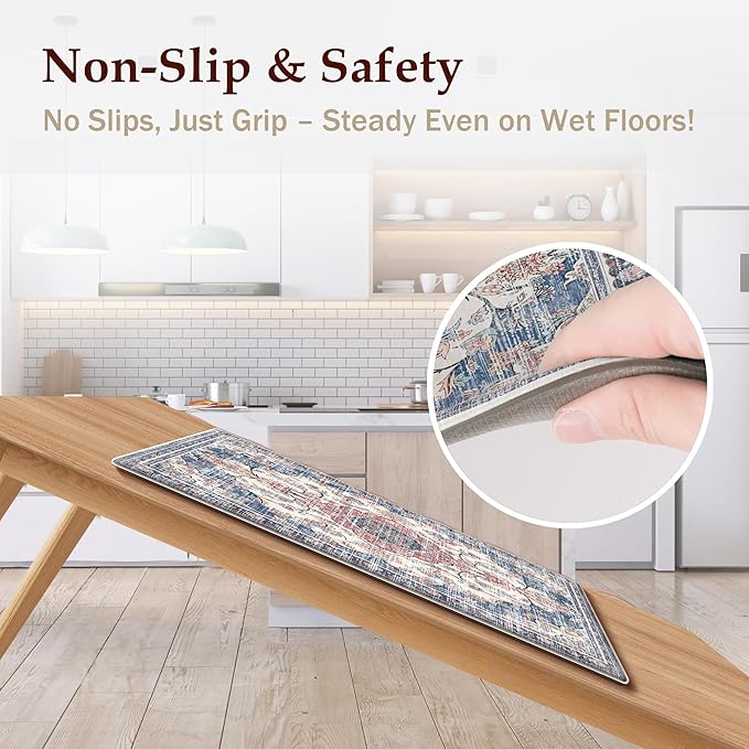 Boho Kitchen Mats for Floor 2 Piece Set Anti Fatigue Cushioned PVC Kitchen Rugs Non Slip Waterproof Farmhouse Mats 2/5 Inch Comfort Standing Mat for Sink, Laundry, 17.3"x59"+17.3"x28", Retro Blue