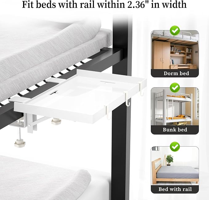 Foldable Bedside Shelf, Metal Clip-On Bed Tray Table for Bunk Bed & Dorm Beds, Dorm Room Essentials Organizer for College Students, Floating Tray, Space Saving Nightstand for Loft Beds (White, Large)