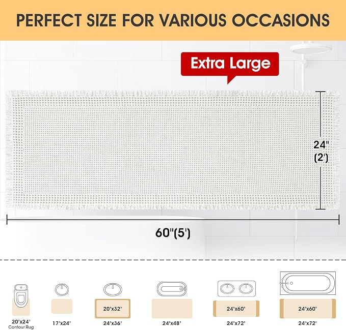 IM HOME Extra Large Waffle Bath Mat, Boho Bathroom Rugs Absorbent Non Slip, Ultra Soft Bathroom Mat, Machine Washable Knit Bath Rugs with Border for Bathroom, Bedroom, Kitchen, Tub, 5'x2', White
