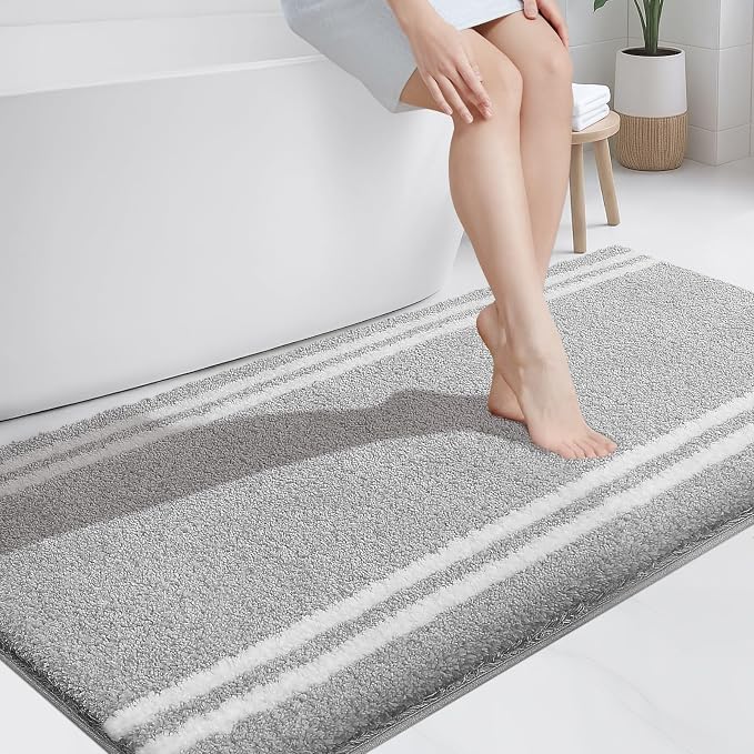 PURRUGS Bathroom Rug Non-Slip Machine Washable 30" x 60", Super Absorbent and Quick Dry Shaggy Microfiber Bath Mat, Extra Soft and Plush Bath Rug for Bathtub, Shower, and Sink, Light Grey