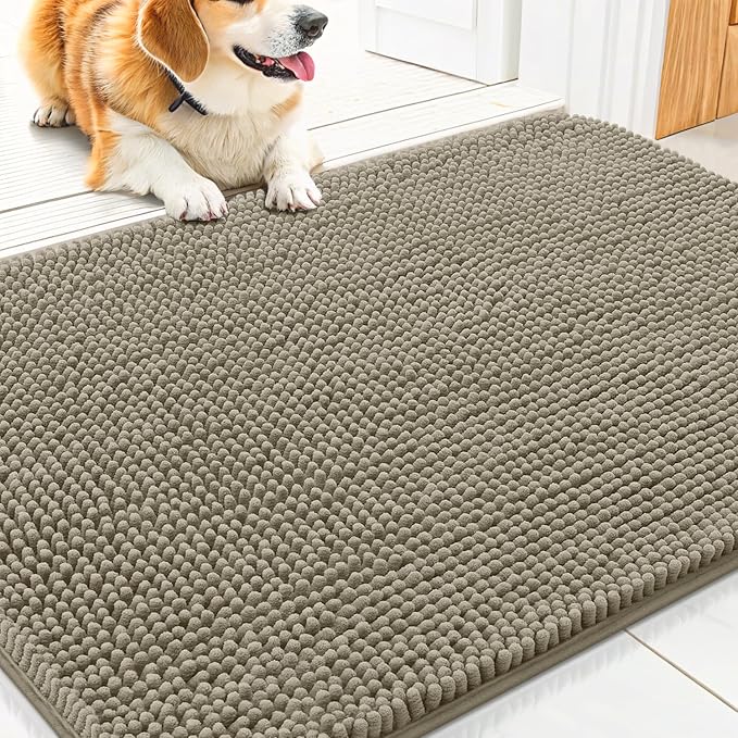 Smiry Dog Door Mat for Muddy Paws 30x20, Absorbent Dirt Trapper, Non-Slip Washable Chenille Entryway Rug for Inside Floor, Warm Taupe, Classic Solid