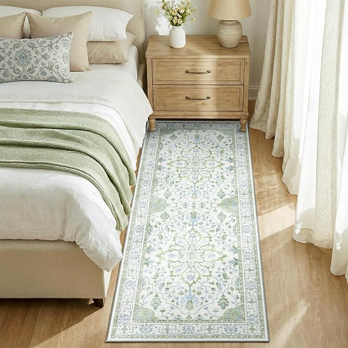 RELEANY Area Rugs Runner 2'x6' Washable Non-Slip, Floral Vintage Distress Medallion Carpet for Kitchen Hallway Bedroom Beside Laundry Room Bathroom, Green White Blue