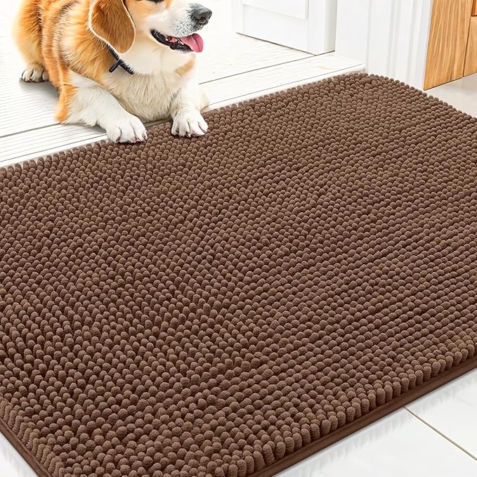 Smiry Dog Door Mat for Muddy Paws 30x20, Absorbent Dirt Trapper, Non-Slip Washable Chenille Entryway Rug for Inside Floor, Mocha, Classic Solid