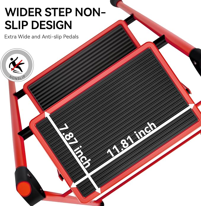 KINGRACK Step Ladder, Folding Ladder with Non-Slip and Wide Pedal, Small Ladders with Handle, Heavy Duty Steel Ladder, Lightweight Step Ladder (Red, 2 Step Ladder)
