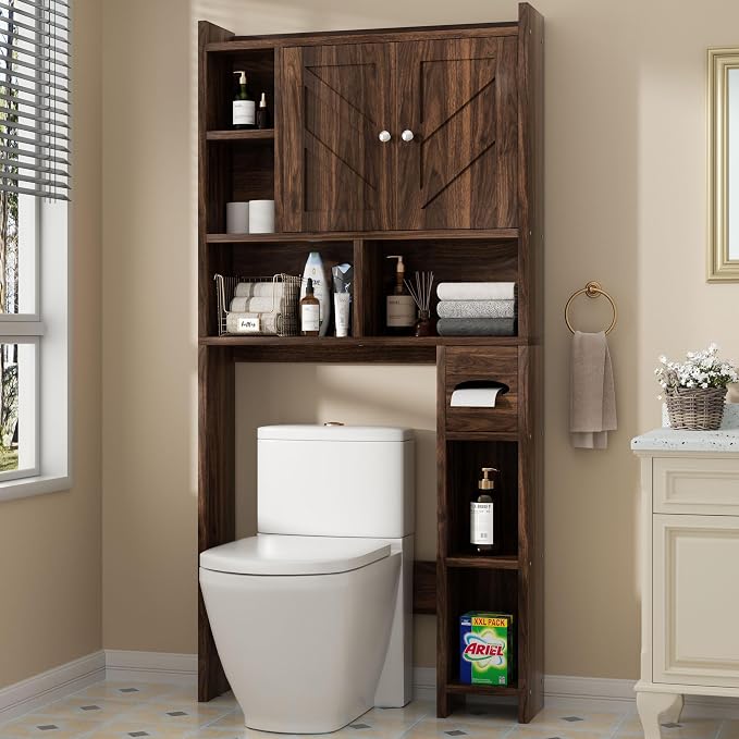 Shintenchi Over the Toilet Storage Cabinet, Bathroom Storage Cabient with Barn Doors, Bathroom Storage Shelf Organizer with Toilet Paper Holder, Adjustable Shelf and Anti-Tip Device, Walnut