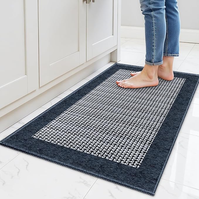 StepRite Kitchen Rugs, Kitchen Mats for Floor, 32"x20" Non-Slip Machine-Washable Kitchen Throw Rug, Navy Blue