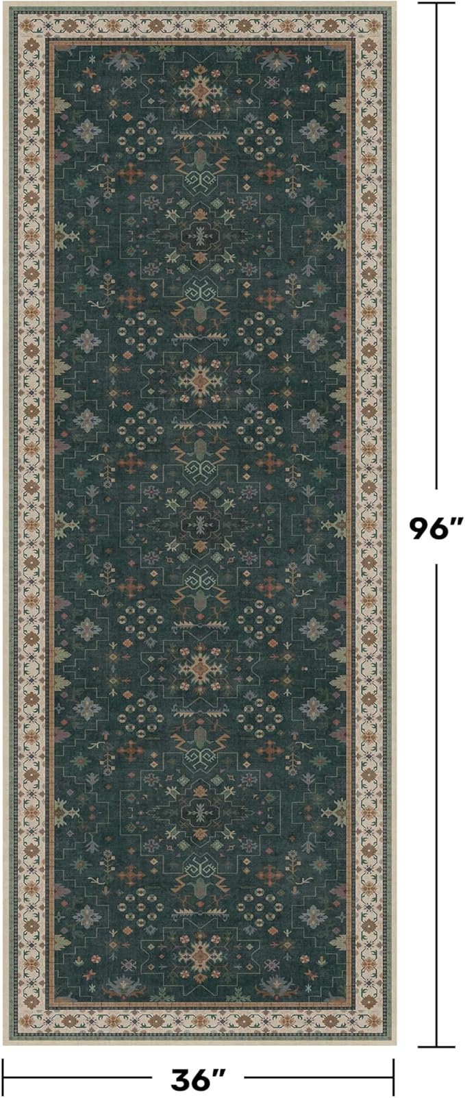 Dark Green 3x8 Wide Hallway Runner Rug - Modern Vintage Boho Floral Moody, Washable Low Pile Non-Slip Area Rugs for Large Entryway, Door Mat Indoor Entrance, Kitchen, Bedroom Beside Bed