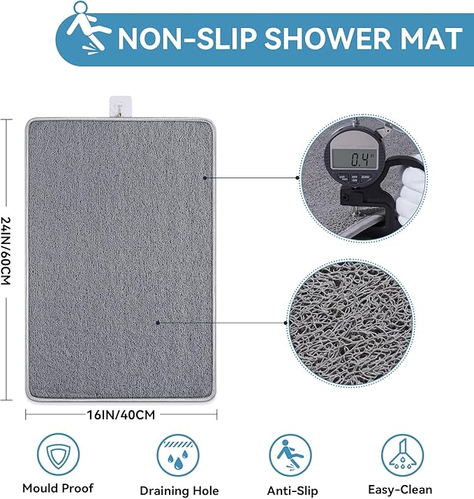 Non Slip Shower Mat Bathtub Mat 16x24 Inch, Quick Dry Bath Mat with Drain, Soft PVC Imitation Loofah Foot Scrubber Bath Mats for Bathroom Tub Shower Floor, Hangable & Hook Included, Gray