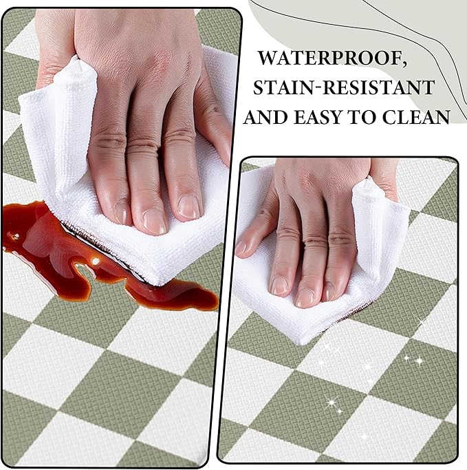 Sage Green Checkered Grid Checkerboard Kitchen Rug Sets [2 PCs], Anti-Fatigue, Waterproof Non-Slip Kitchen Mats Heavy Duty Comfort Foam Rug for Kitchen, Floor, Home,Laundry,17"x29"+17"x47"