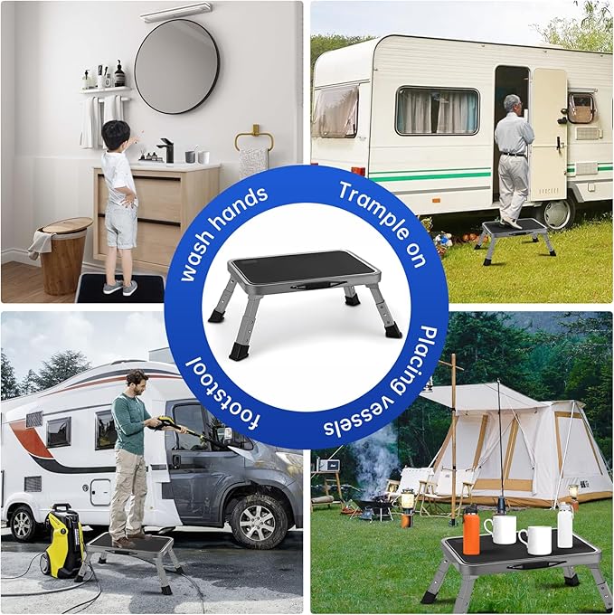 RV Step Stool Foldable 1-Step Ladder Sturdy Metal Stable Step Stool with a Non-Slip Platform Supports up to 500 lb with Non-Slip Rubber Feet, Easy to Carry (3-Level)
