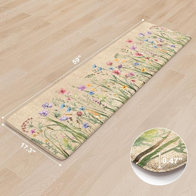 KIMODE Anti Fatigue Kitchen Mat, Cushioned Farmhouse Kitchen Runner, Non Slip Waterproof Kitchen Mat for Floor, Memory Foam Standing Desk Mat for Laundry, Office, Sink Brown 17.3"x59"