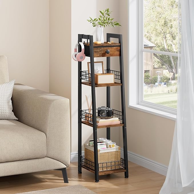 Gewudraw 4-Tier Narrow Ladder Shelf with Drawer, Bathroom Table Stand for Small Space, Narrow Bathroom Standing Shelves with Storage for Living Room Bedroom Kitchen, Organizer Shelf, Rustic Brown