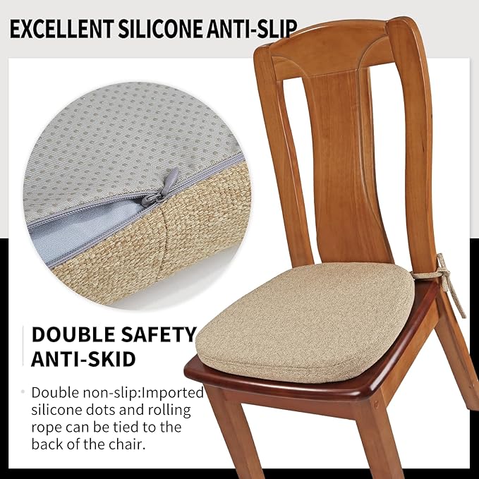 SINOSSO 6 Pack Memory Foam Chair Cushions for Dining Chairs, Friendly Woven Fabric 16" U-Shape Comfortable Kitchen Chair Pads, Removable Slip Resistant Seat Cushions (Set of 6, Linen)