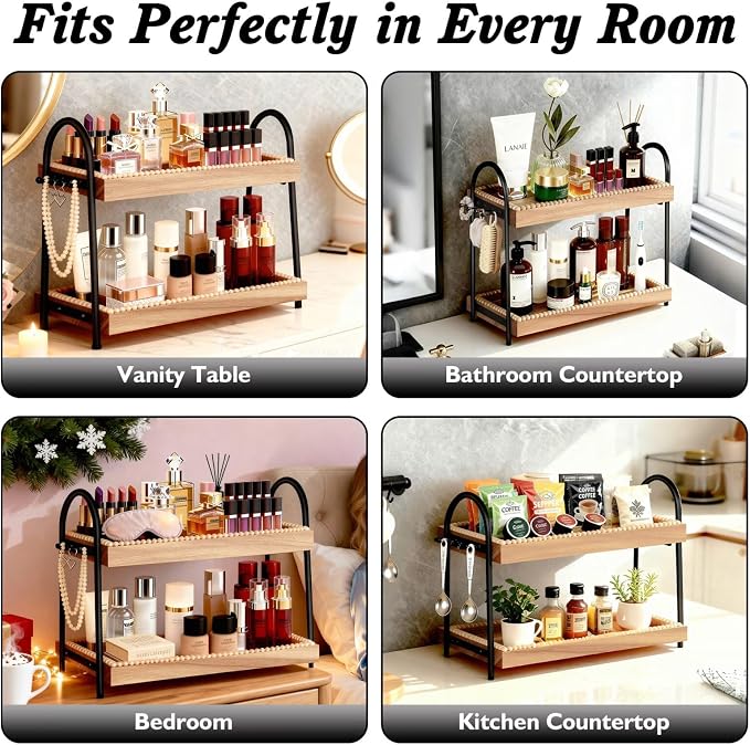 2-Tier Vanity Organizer Countertop for Perfume & Makeup, 17.3" Wooden Tray with 8 Jewelry Hooks for Dresser Bedroom, Elegant Skincare Storage Shelf for Women Coffee Bar Kitchen (Light Brown & Black)