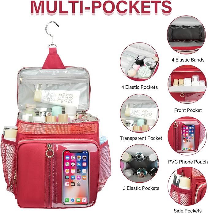Portable Shower Caddy College Dorm Essentials, Large Toiletry Bag for Women Men, 2 Layers Quickly Dry Mesh Bathroom Tote Bag, Hanging Makeup Organizer Bag for Travel, Gym, Camping (Wine Red)