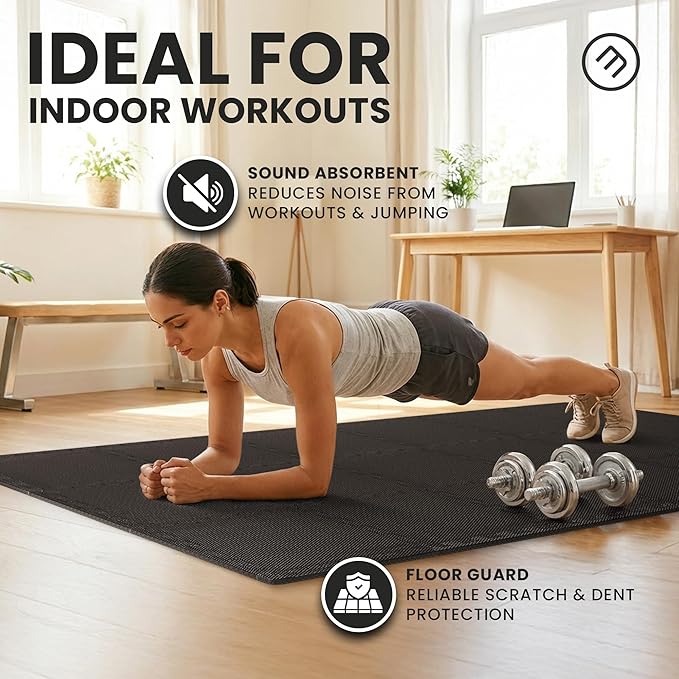 bemaxx Gym Mats Set - 18 pcs EVA Interlocking Foam Floor Tiles (12.6"x12.6"x0.4") 18sqft Protective Gym Flooring Sports Home Workout Exercise Mats Puzzle Garage Fitness Play-Room Pool Treadmill Bike