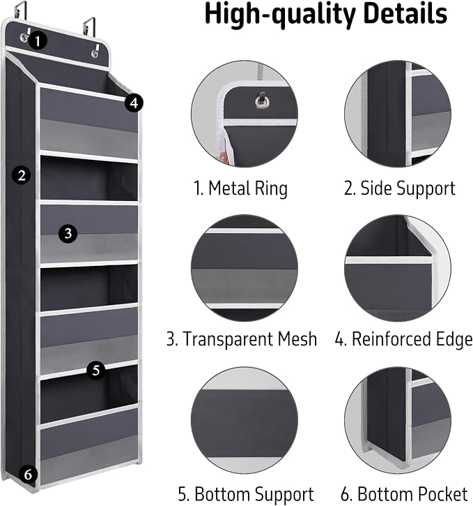 Giraffe Creation Compact Gray Over Door Organizer with 4 Large Clear Pockets, Compact Hanging Door Storage for Closet, Bathroom, Bedroom, Dorm, Nursery Essentials