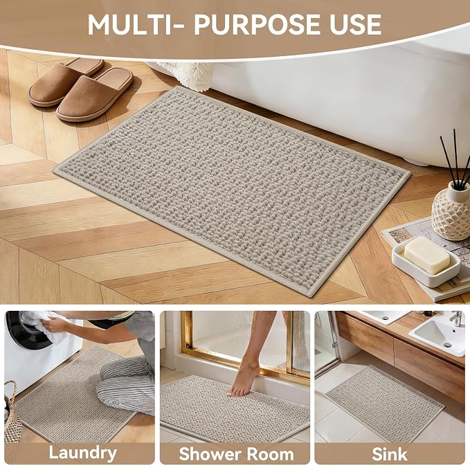 24x36 Extra Soft Chenille Bathroom Rugs - Non Slip Quick Dry Absorbent & Washable Bath Mat, Thin Low Profile Fit Under Door, Shower Mat for Outside Shower - Brown