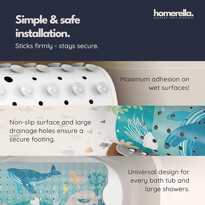 Bath Tub Mat Non Slip Anti Mold for Kids BPA Free INCL Hooks - homerella® Ocean Sea Animals 28x16, Baby Bath Mat Non Slip 200 Suction Cups, Non Toxic Machine Washable Toddler Bath Mat, EU Certified