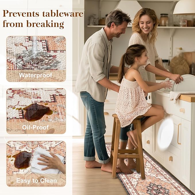 Boho Kitchen Mats for Floor 2 Piece Set Anti Fatigue Cushioned PVC Kitchen Rugs Non Slip Waterproof Farmhouse Mats 2/5 Inch Comfort Standing Mat for Sink, Laundry, 17.3"x47"+17.3"x28", Orange