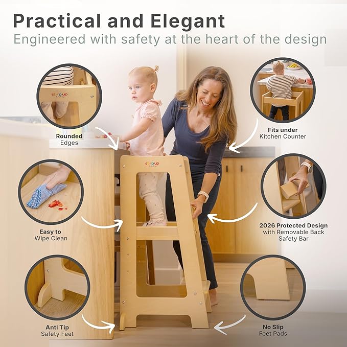 Stepup Baby Toddler Step Stool - Adjustable Height Kids Helper Step Stool, Durable, Non-Slip Platform for Bathroom Sink & Kitchen Counter, Toddler Tower for Exploration and Growth - Natural