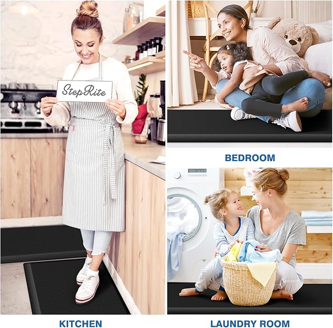 StepRite Kitchen Mats, 2PCS Kitchen Rugs, Cushioned Anti Fatigue Kitchen Mats for Floor, Non-Slip Standing Desk Mat, Waterproof Kitchen Rug Set for Kitchen,20" x 32"+20" x 94.5"-Full 1inch Thick,Black