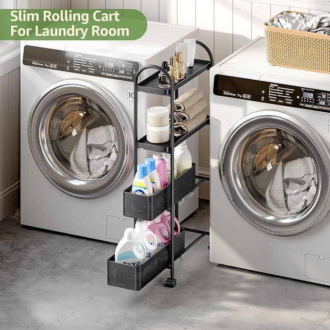 KINGRACK 4-Tier Slim Storage Cart with Pull Out Basket, Rolling Bathroom Organizer Utility, Metal Shelving Unit Slide Out, Lockable Wheels, Easy Assembly for Narrow Place, Kitchen, Laundry Room, Black