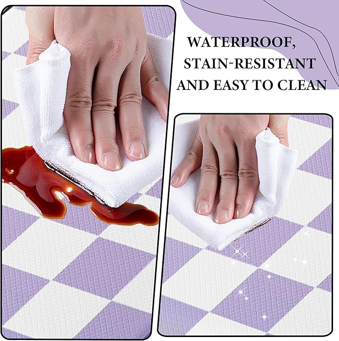 Purple Checkered Grid Checkerboard Kitchen Rug Sets [2 PCs], Anti-Fatigue, Waterproof Non-Slip Kitchen Mats Heavy Duty Ergonomic Comfort Foam Rug for Floor, Home, Laundry,17"x29"+17"x47"