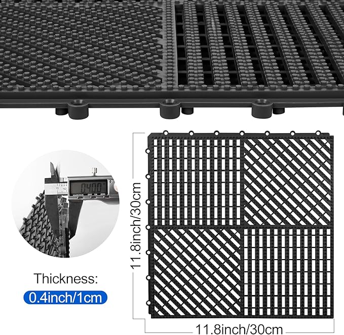 ToLanbbt Modular Interlocking Cushion 12P 11.8" x 11.8" Interlocking Rubber Floor Drain Holes Non-Slip Splicing Drainage Mats for Deck, Shower, Kitchen, Drain Pool, Sauna Bath (Black, 2 Rows Dots)