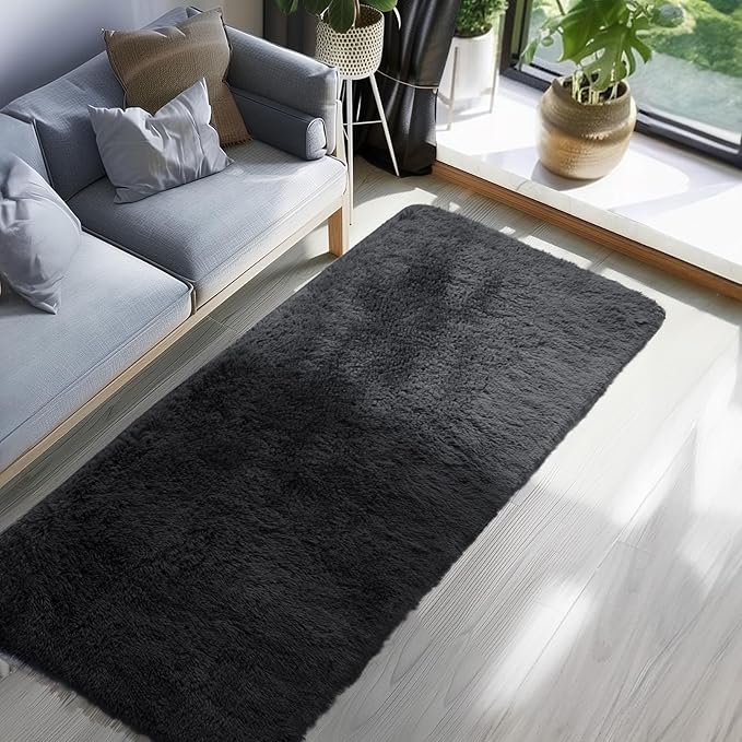 Ophanie Runner Rug for Hallway, 3x8 Washable Non-Slip Fluffy Soft Bedside Rugs, Bedroom Living Room Shaggy Carpet for Kids Girls Boys Dorm Nursery Home Decor Aesthetic, Black