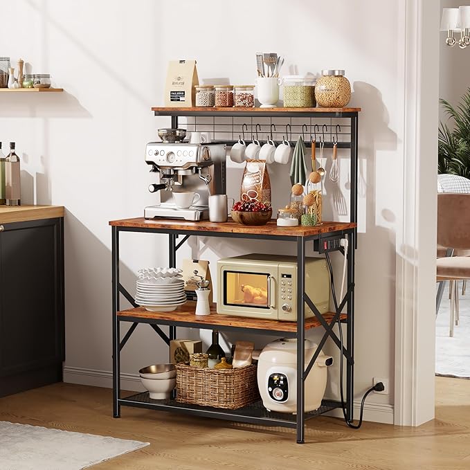 Furologee Kitchen Bakers Rack with Power Outlet,Coffee Stand with Storage 4 Tiers,Coffee Bar Station with a 31.5 Inch Larger Desktop and 8 S Hooks,Kitchen Microwave Rack for Spices,Pots,Rustic Brown