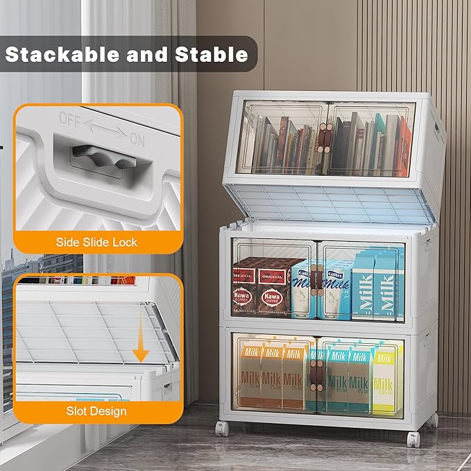 UAMFURI Stackable Storage Bins with Lids, 156QT Closet Organizers and Storage with Doors and Wheels, Extra Large Storage Cabinet, Collapsible Plastic Drawers for Bedroom Dorm Office Garage