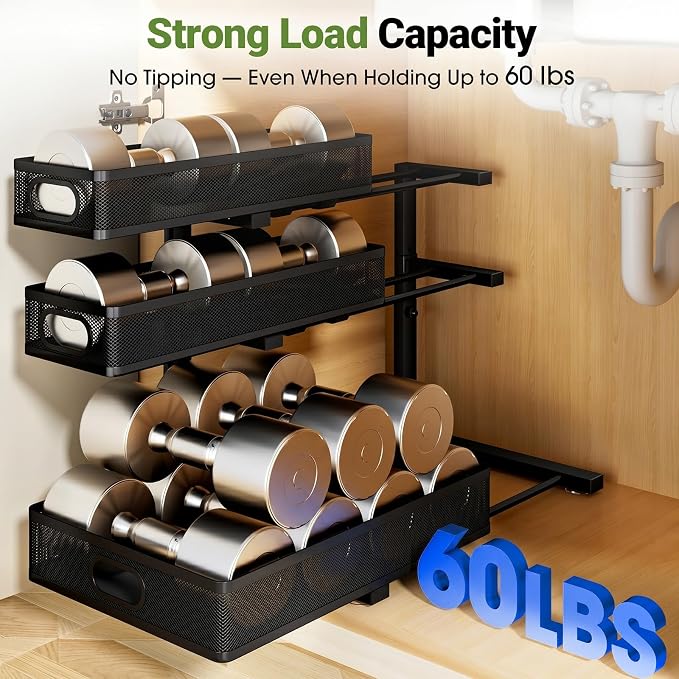 Under Sink Organizer 3 Tier, 2 Pack L-Shaped Pull-Out Cabinet Organizer with Sliding Metal Mesh Drawers, Height Adjustable Under Sink Storage Rack for Kitchen Bathroom Cabinet, Black