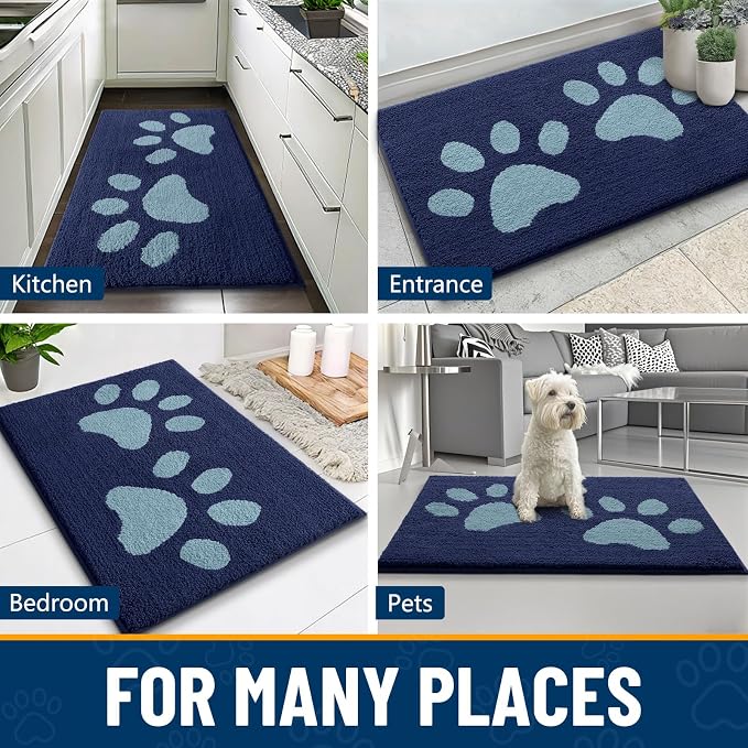 Smiry Dog Door Mat for Muddy Paws, Absorbs Moisture and Dirt, Low-Profile Entryway Mat with Non-Slip Backing, Entry Indoor Outdoor Doormat for Inside Floor (47x24 Inches, Dark Blue, Paw)